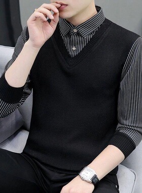 男士潮流假两件卫衣青年条纹衬衫领帅气长袖t恤春秋季V领体恤上衣