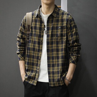男宽松百搭潮流文艺青年设计感衬衣秋季 衬衫 外套 磨毛格子长袖 美式