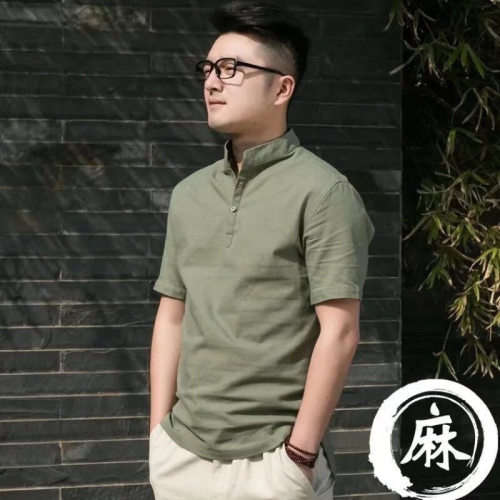 潮牌短袖亚麻男士立领休闲唐装