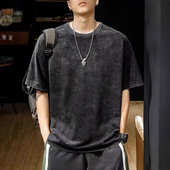 重磅纯棉水洗做旧宽松半袖 t恤男夏季 体恤上衣 复古vintage短袖 美式