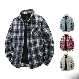 百搭休闲宽松上衣男生长袖 新款 衬衣耐磨外套 男春秋季 纯棉格子衬衫