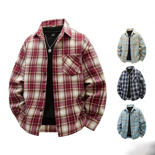 宽松帅气工装 纯棉男士 男春秋季 格子衬衫 衬衣服潮牌外套男青年 长袖