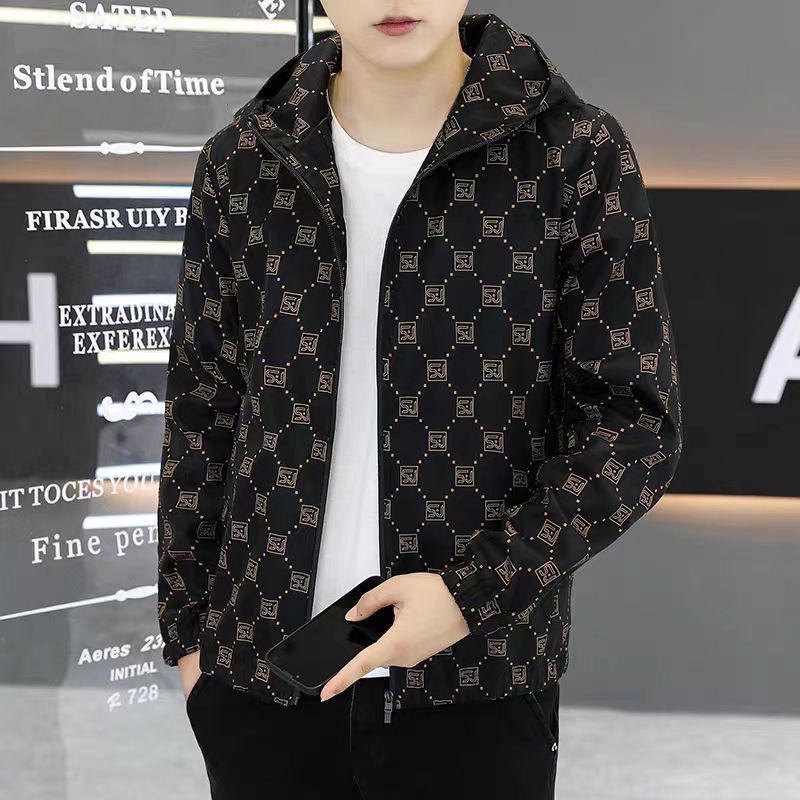 潮牌秋季连帽字母印花夹克男休闲大码修身拼色帅气外套个性拉链衫