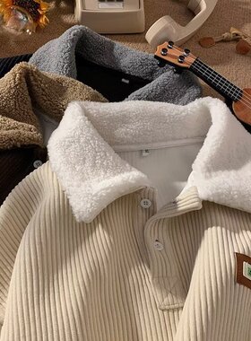 潮牌灯芯绒polo领男装2023冬季新款加绒宽松卫衣舒适休闲上衣外套