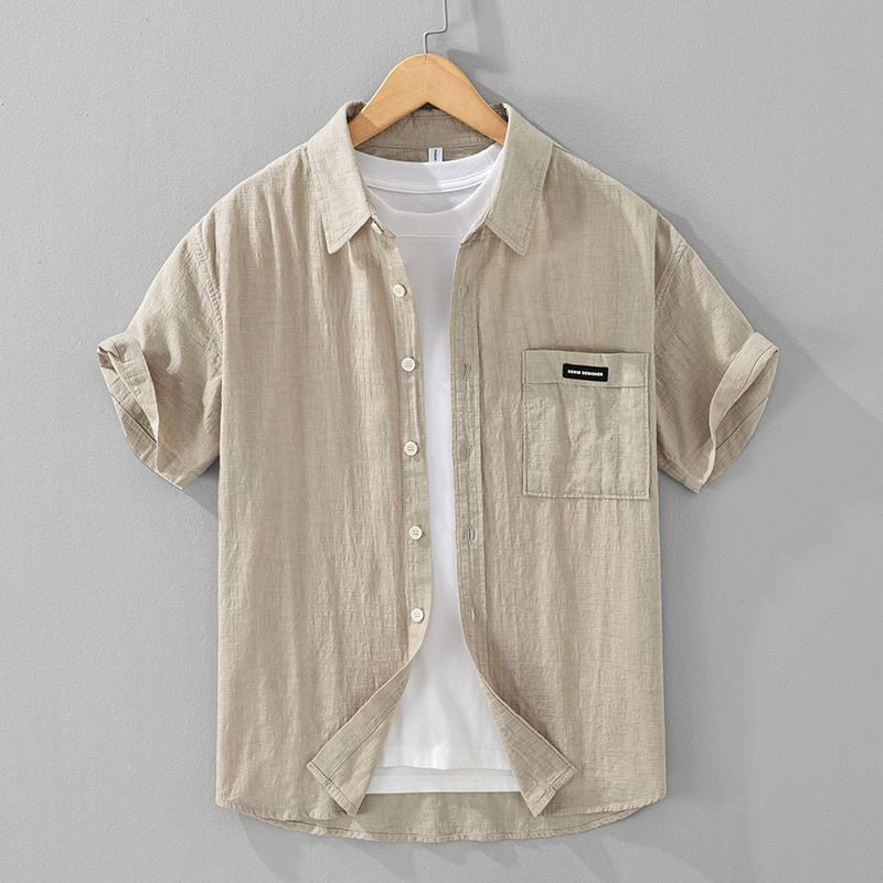 高端简约纯棉短袖衬衫男夏季新款半袖衬衣男生潮牌休闲纯色上衣服