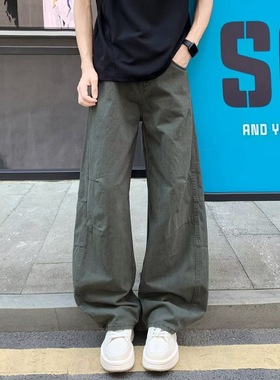 美式军绿色工装裤男款秋季纯棉褶皱弯刀伞兵裤子直筒宽松阔腿长裤