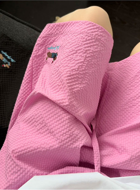 粉红色泡泡纱运动休闲短裤男夏腊肠狗印花五分袖情侣冰丝速干中裤