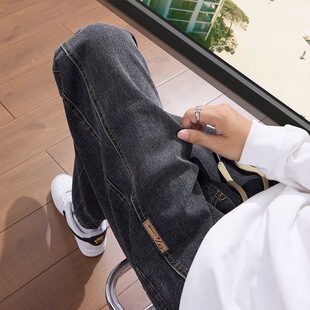 潮流男士束脚哈伦裤网红爆款松紧腰小脚裤灰色水洗做旧拼接牛仔裤