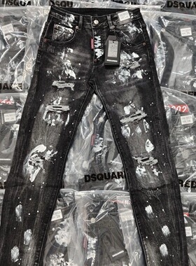 2026广州新款D2d2泼墨刀割牛仔裤破洞男士补丁修身时尚弹力小脚裤