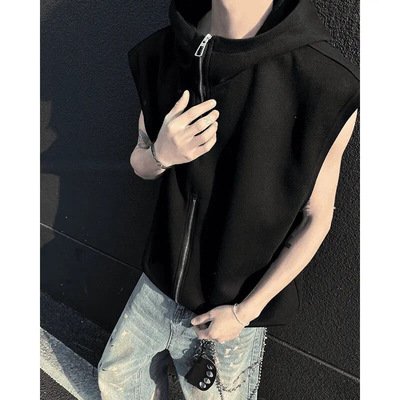 无袖+美式+男士+半拉链+连帽休闲