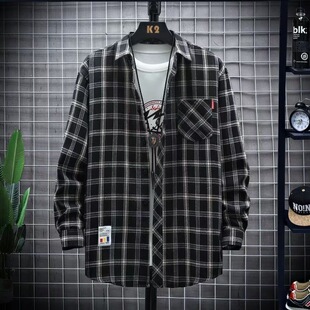 春季 男长袖 潮流上衣宽松休闲青少年情侣衬衣夏装 纯棉外套 格子衬衫