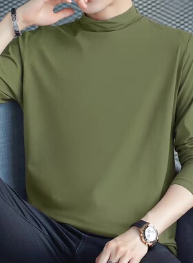 莫代尔长袖打底衫男春秋季薄款半高领弹力修身上衣内搭潮男士t恤