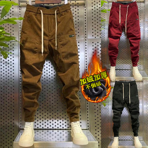 潮牌长裤宽松哈伦裤多口袋灯芯绒