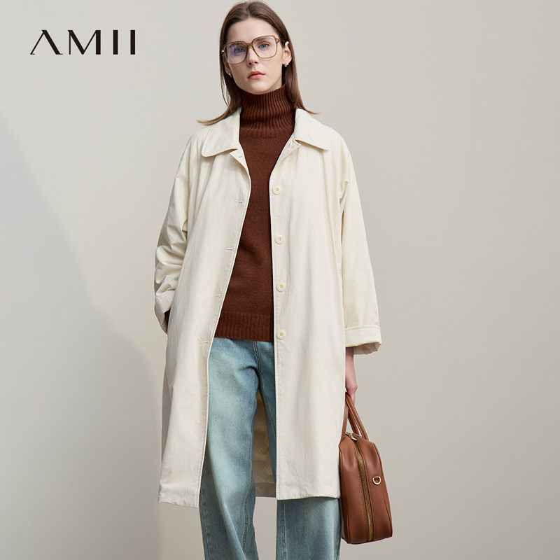 Amii【厚款羽绒服】2025冬极简商务通勤加厚保暖风衣羽绒服女外套