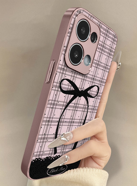 格纹蝴蝶结适用于opporeno15手机壳15pro新款14pro创意13turbopro简约小羊皮12网红11好看10男女高级感a6支架