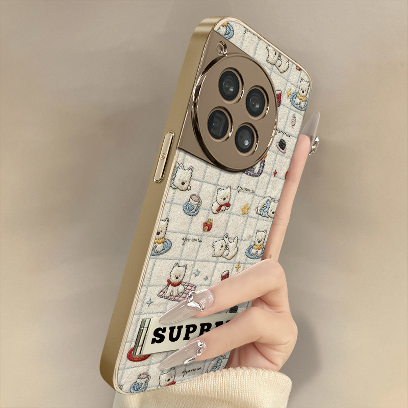 格纹白狗适用于一加15手机壳1加13T新款12卡通11网红ace6可爱ace5pro女ace3高级2支架全包防摔小羊皮保护套