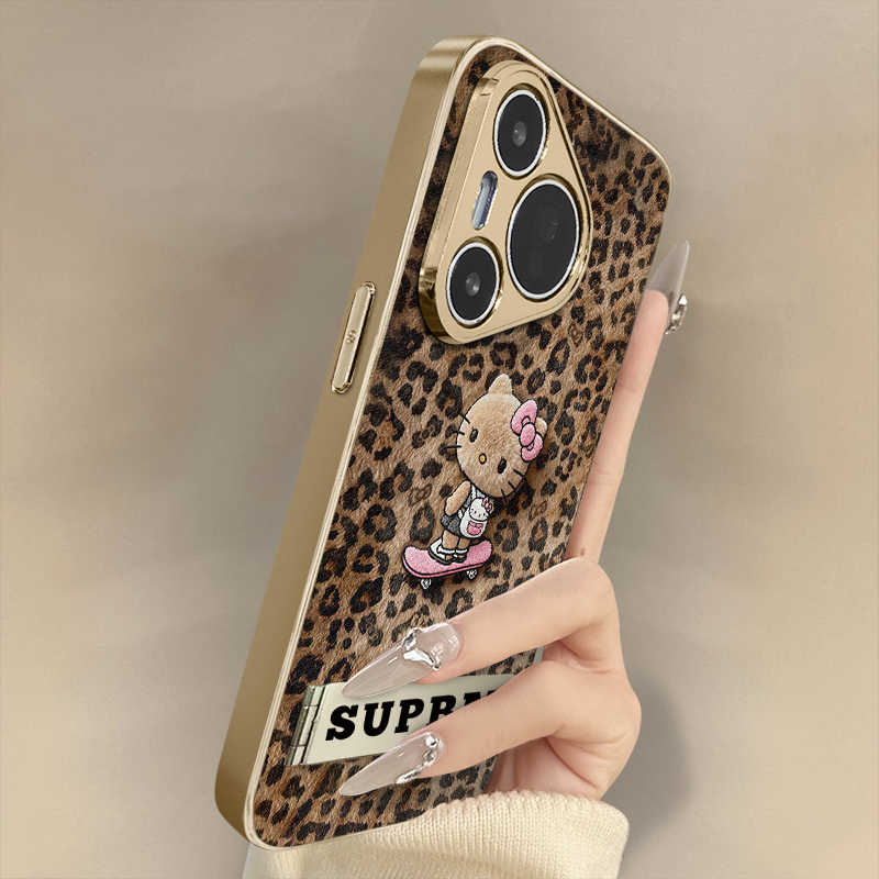 豹纹滑板kt猫适用于华为pura80手机壳新款70ultra卡通p60网红p50e可爱p40女p30pro高级支架全包小羊皮保护套
