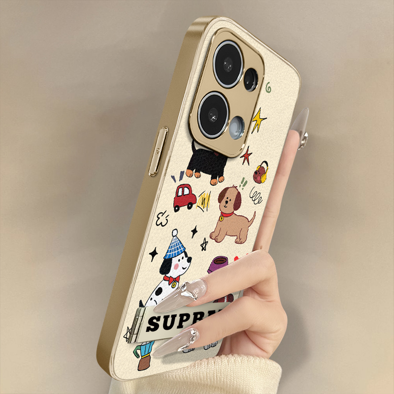 微笑小狗适用于opporeno14手机壳13pro新款12pro卡通11网红10可爱9女高级8支架7pro全包6pro防摔小羊皮保护套