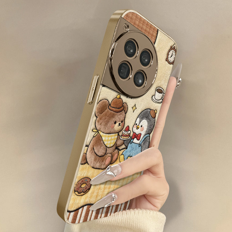 小熊企鹅适用于一加15手机壳1加13T新款12卡通11网红ace6可爱ace5pro女ace3高级2支架全包防摔小羊皮保护套