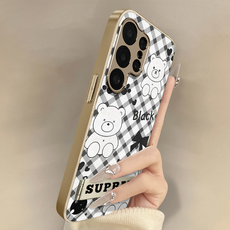 格纹小熊适用于三星galaxys25手机壳s24ultra新款s23ultra卡通22网红s24可爱女高级支架全包防摔小羊皮保护套