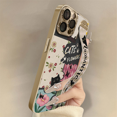 浙皇适用于苹果16e手机壳iPhone15新款14plus小羊皮13promax小众12高级可爱网红11腕带支架女17电镀8花朵黑猫