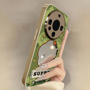 蝴蝶花草蒲扇适用华为mate70手机壳mate60pro新款pura70ultra镜面p50e补妆60高级可爱30网红女款防摔电镀支架