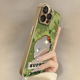 蝴蝶花草蒲扇适用苹果16手机壳iPhone15新款14plus镜面13promax补妆12高级感可爱11网红女款防摔7电镀8支架