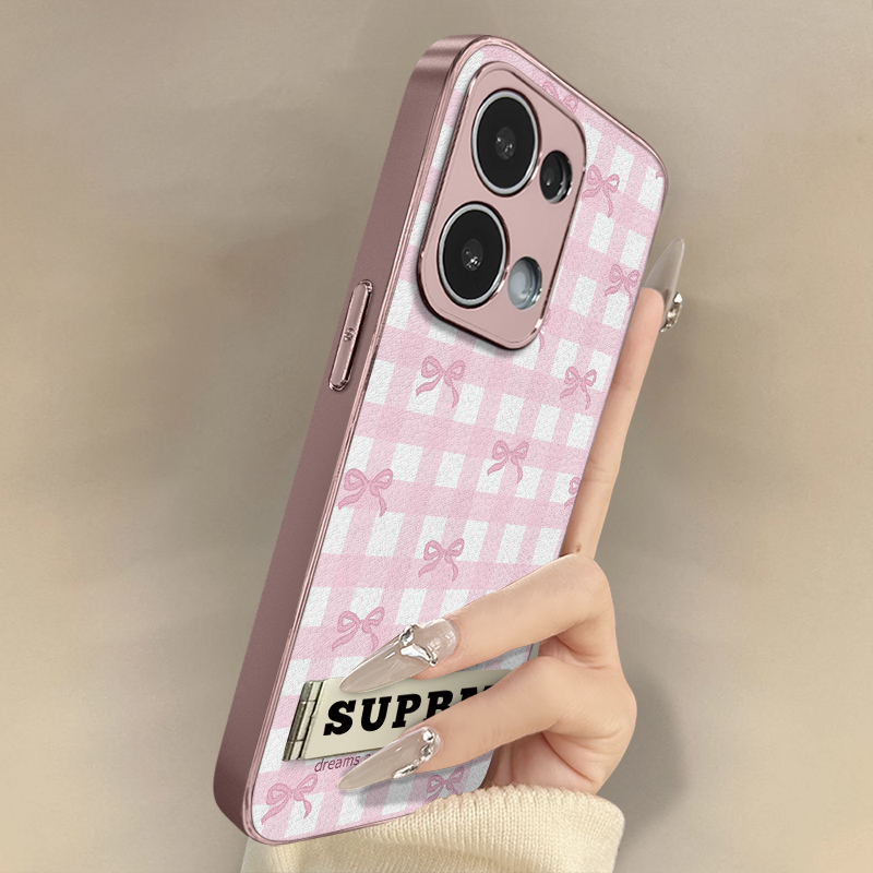 浙皇适用于opporeno14手机壳13pro新款12pro秋冬11网红10小羊皮高级8支架7pro全包9防摔可爱女6pro格子蝴蝶结