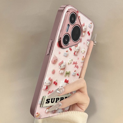 蛋糕kt猫适用于华为pura80手机壳新款70ultra卡通p60网红p50e可爱p40女p30pro高级支架全包防摔小羊皮保护套