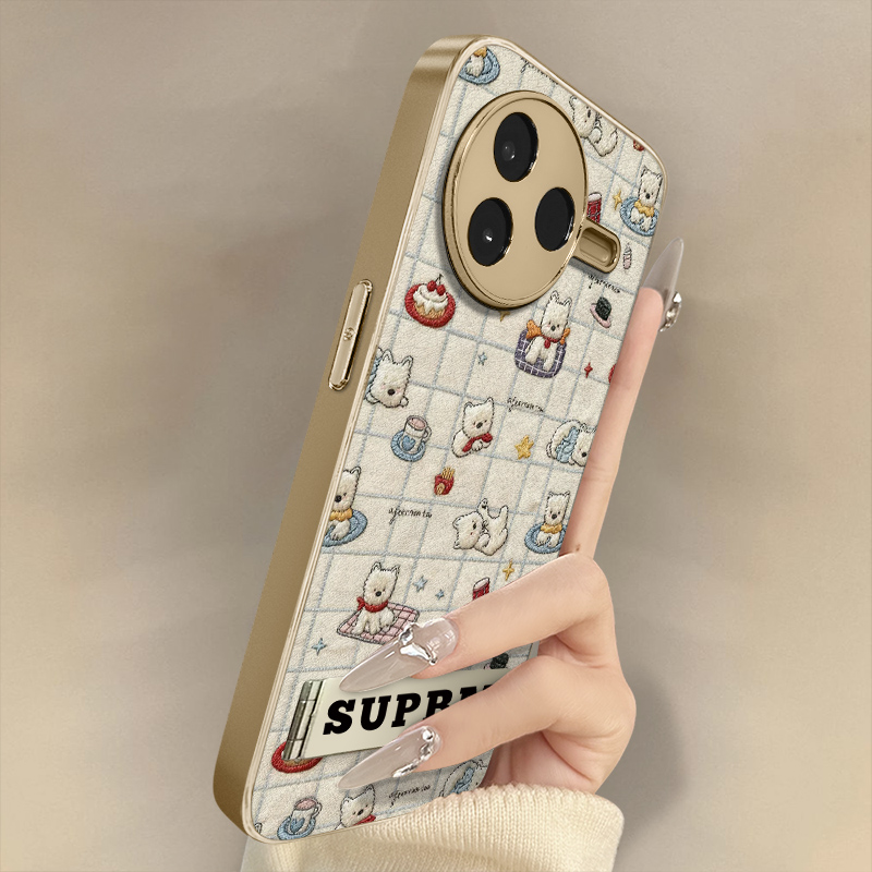 格纹白狗适用于红米k90手机壳k80新款k70e卡通60ultra网红note15可爱14高级13支架12pro全包防摔小羊皮保护套