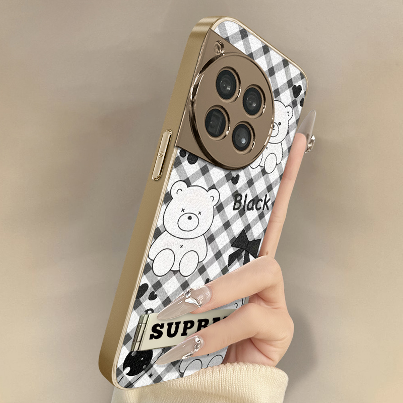 格纹小熊适用于一加15手机壳1加13T新款12卡通11网红ace5pro可爱ace3pro女ace2高级支架全包防摔小羊皮保护套