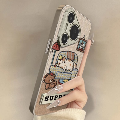 沙发猫咪适用于华为pura80手机壳新款70ultra卡通p60网红p50e可爱p40女p30pro高级支架全包防摔小羊皮保护套