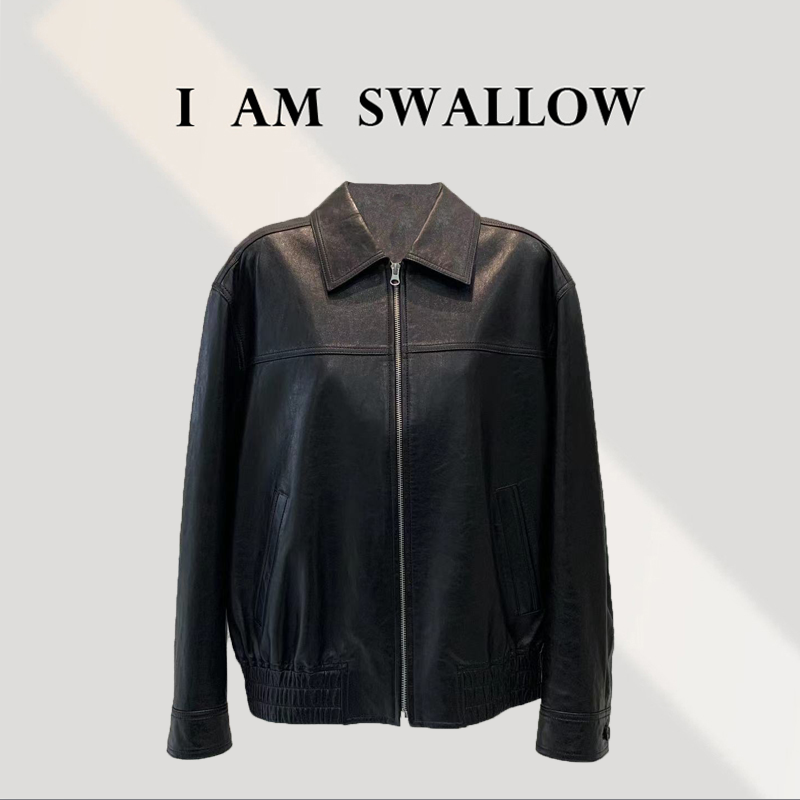 【A/M Swallow】25Ss夏季新品黑色翻领拉链大口袋皮衣35177#011