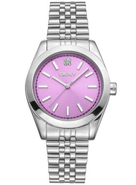 代购DKNY唐可娜儿女士腕表计时夜光日期清晰金属钢带防水粉色