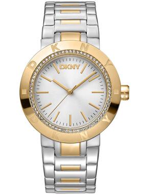 代购DKNY唐可娜儿女士腕表防水夜光日期计时钢带双色镶钻金属