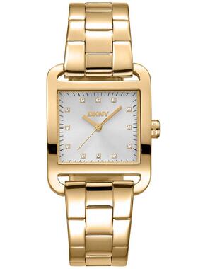 代购DKNY唐可娜儿女士腕表防水夜光日期计时金属钢带方形金色