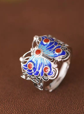 s925纯银复古蝴蝶戒指女小众设计新中式国风高级感指环老银匠手工