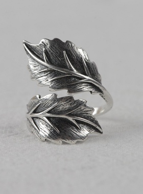 S925纯银复古泰银树叶子个性夸张时尚女食指开口戒指环老银匠手工