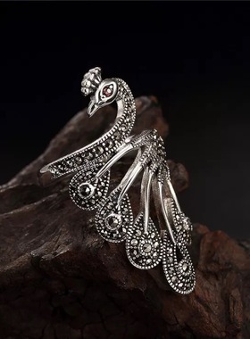 S925泰银复古马赛石锆石女士孔雀个性戒指指环七夕礼物老银匠手工