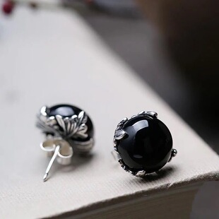 s925纯银耳钉黑玛瑙耳饰个性夸张男款女款气质唯美可爱老银匠手工