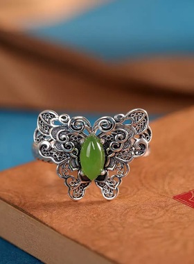 通体s925纯银碧玉镂空蝴蝶戒指开口个性新中式指环做旧老银匠手工