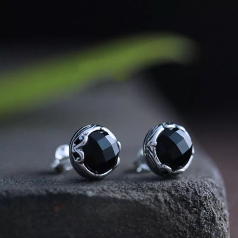 黑玉髓耳饰韩国男士手工老银匠