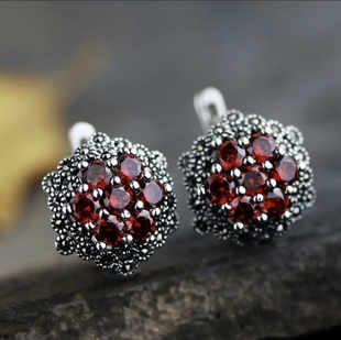 s925纯银饰品复古泰银石榴石耳环耳饰女正品首饰耳钉气质韩国简约