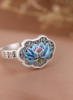 999足银纯银珐琅彩景泰蓝戒指中式国潮民族风开口指环老银匠手工