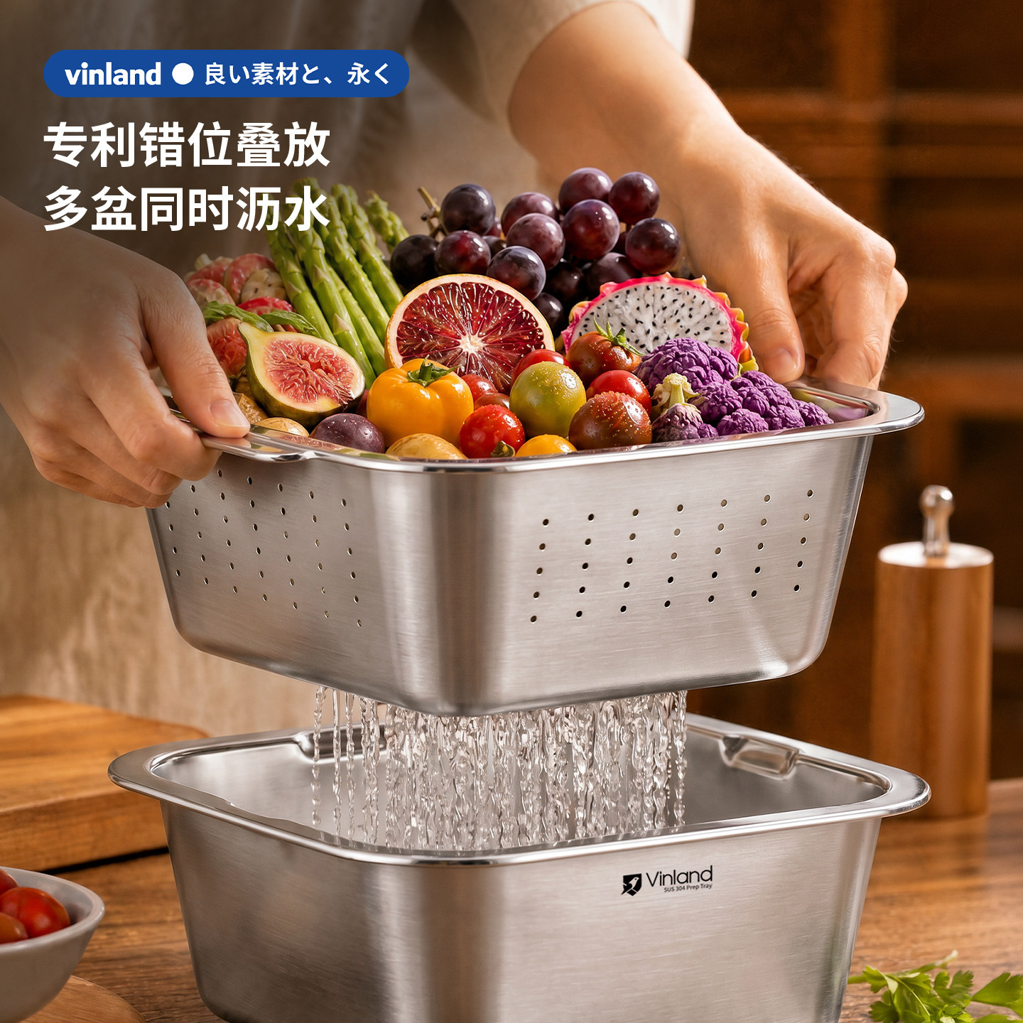日本304不锈钢洗菜盆沥水篮食品级方形洗菜篮滤水盆沥水厨房加深