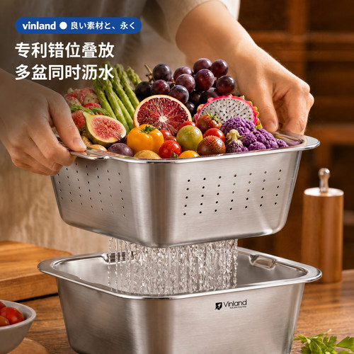 日本304不锈钢洗菜盆沥水篮食品级方形洗菜篮滤水盆沥水厨房加深