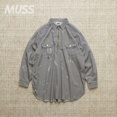 现货 BOWWOW WORK HICKORY STRIPE PO 日产条纹泼墨套头衬衫 25SS