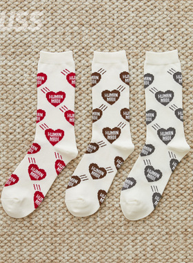 现货 HUMAN MADE HEART SHORT SOCKS 日产满印桃心提花休闲中筒袜