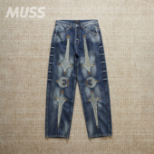 THUG DENIM CLUB 现货 BONE LEATHER 水洗做旧星月拼接牛仔裤