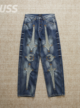 现货 THUG CLUB BONE LEATHER DENIM 水洗做旧星月拼接牛仔裤